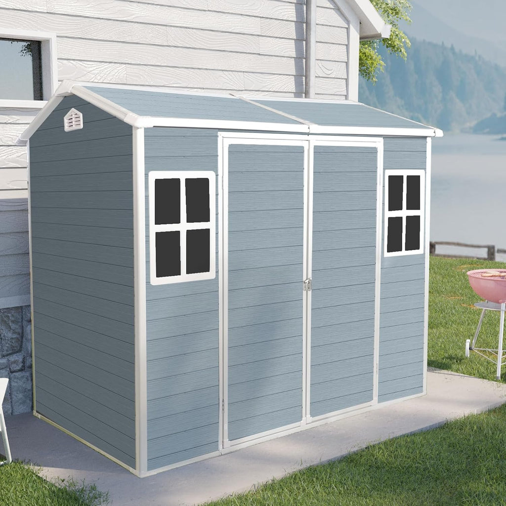 KEIKI 4x8 FT Outdoor Storage Shed Waterproof Resin Cabinet,Sloped Roof Polypropylene Frame with Two-Window and Double-Door for Patio Furniture Tools