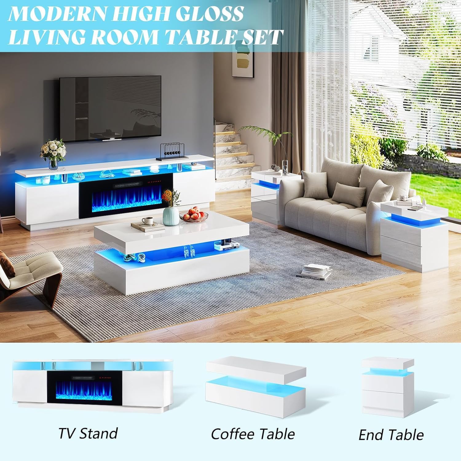 AMERLIFE Fireplace TV Stand with 40' Fireplace, 80' Modern Fireplace Entertainment Center LED Lights, 2 Tier TV Console Cabinet for TVs Up to 90', Ivory White