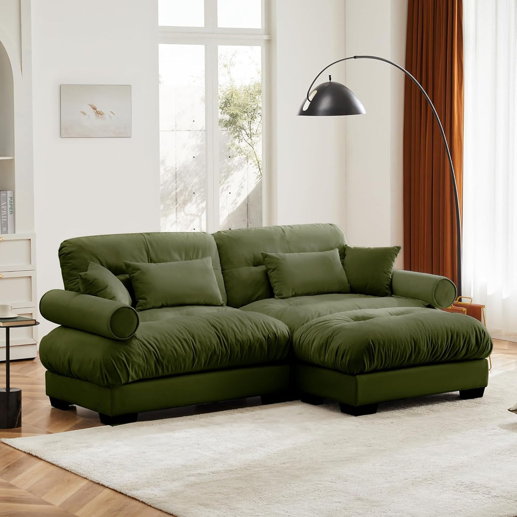 Loveseat Sofa 93.7' Modular Sectional Sofa, 2 Seater Modern Cloud L Shaped Couch, Oversized Sectional Couches for Living Room, Comfy Velvet Sofas Deep Seat Couch with 4 Pillows, Green