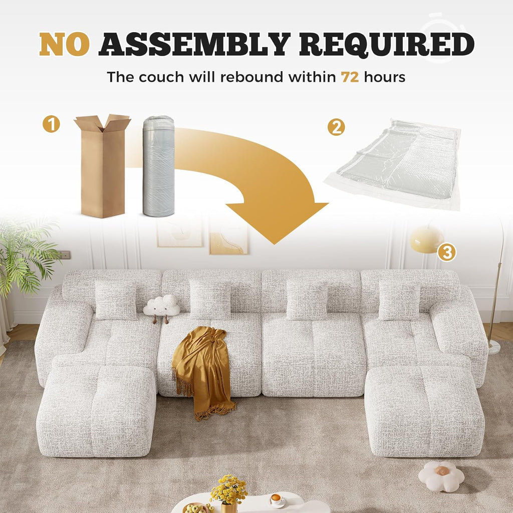 158' U Shaped Boneless Couches for Living Room, 6 Seater Modern Chenille Cloud Couch, Convertible Modular Sectional Sofa Set, No Assembly Required, Beige 1 PCS