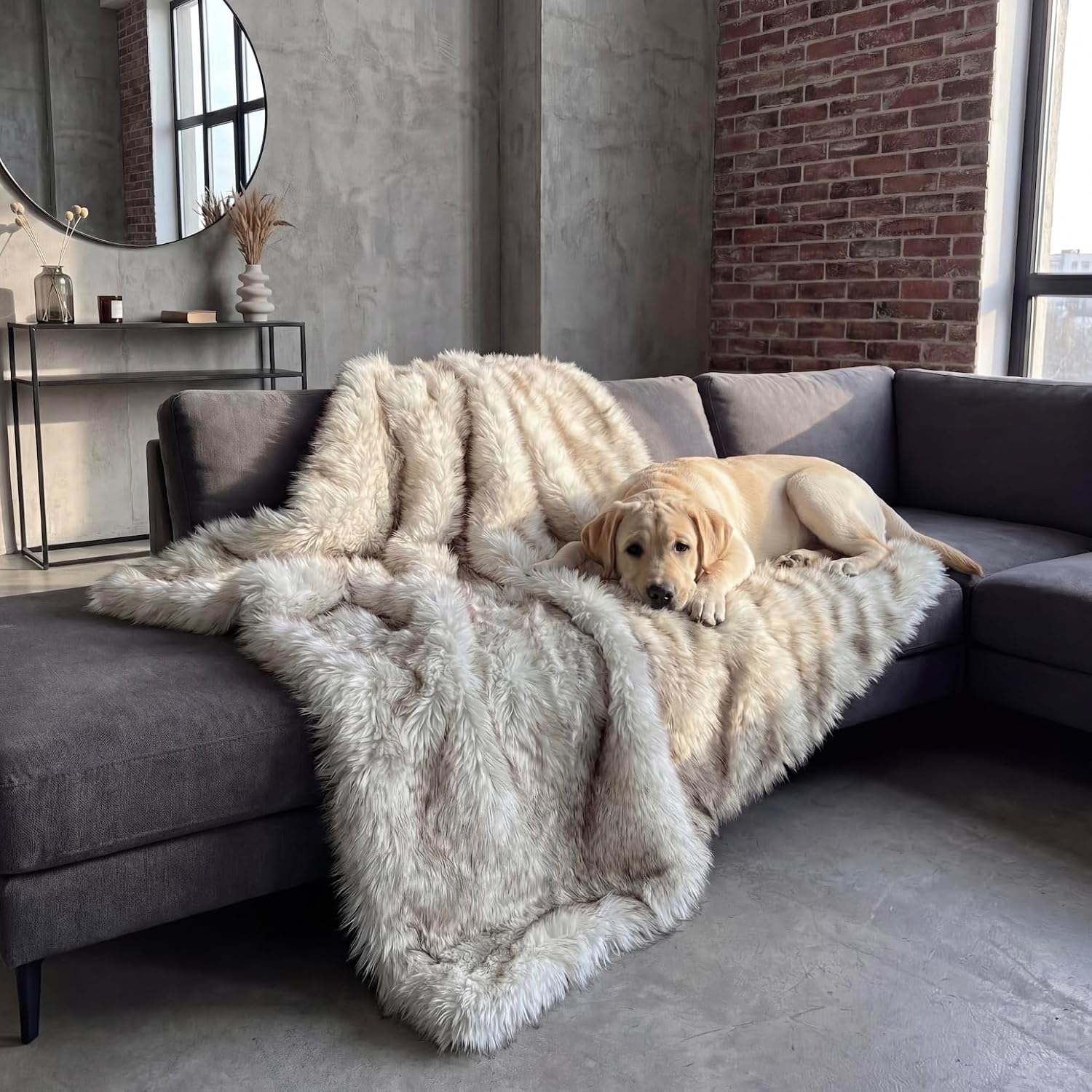 IHAPPYDOG Waterproof Faux Fur Dog Blanket – Pet Throw & Couch Protector for Sofa, Bed, Furniture – Plush Pup Cover for Small Medium Large Dogs – Machine Washable – White w/Brown Tips – 80' x 60'