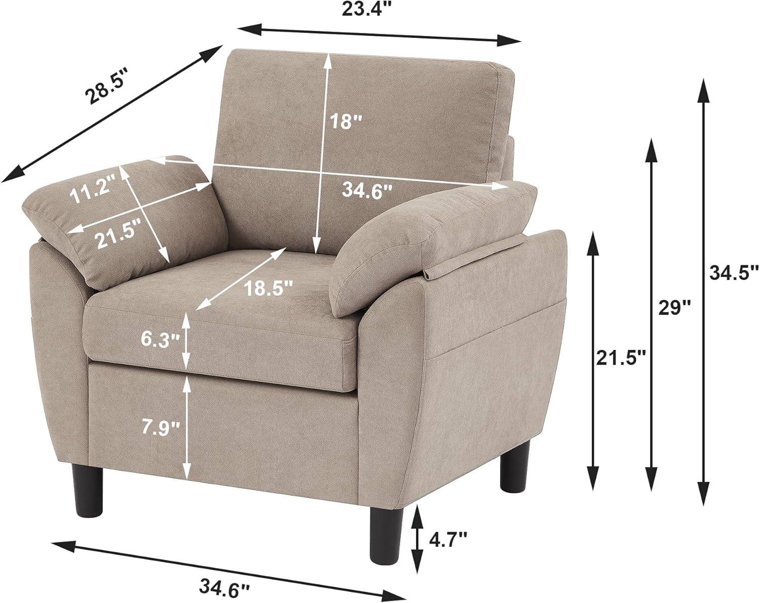 Sofa Accent Chair, 35' Reading Chair for Bedroom, Modern Linen Fabric Armchair, Single Sofa Chair, Comfy Arm Chairs for Living Room,Bedroom, Beige