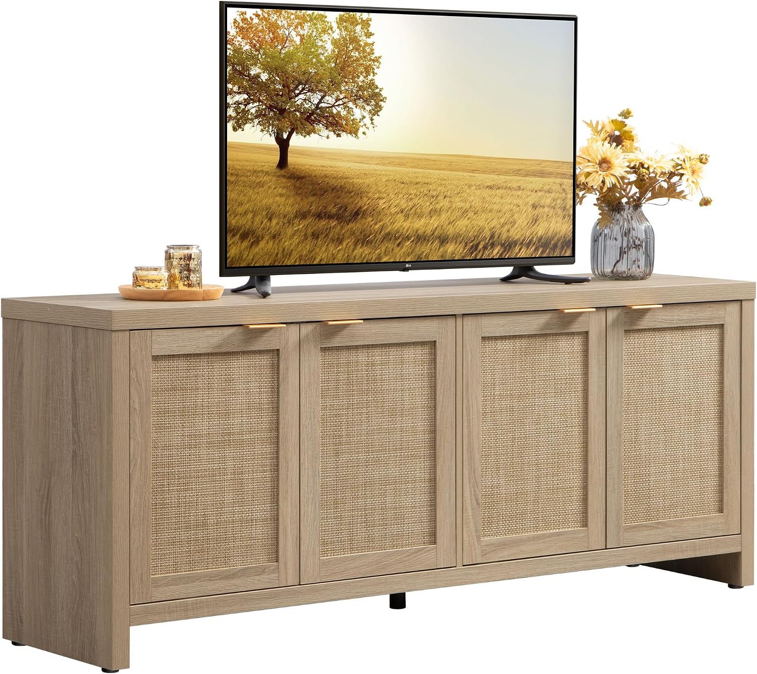 SICOTAS TV Stand for Living Room Boho Entertainment Center for Bedroom with 4 Rattan Cabinets Farmhouse Television Stands with Storage Large Media Console Table for TVs up to 65 Inch