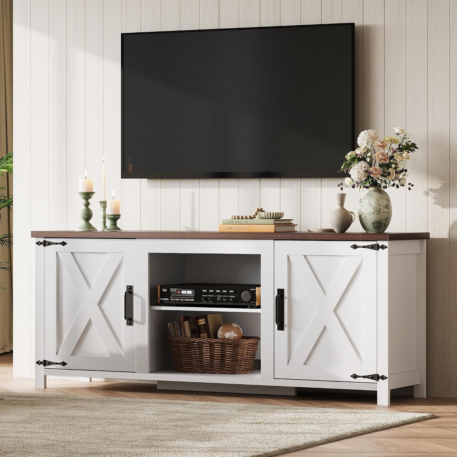 WLIVE Modern Farmhouse TV Stand for TVs up to 65', Entertainment Center with X-Shaped Barn Doors, Large Storage Media TV Console with Adjustable Shelves & Cable Holes for Living Room, White