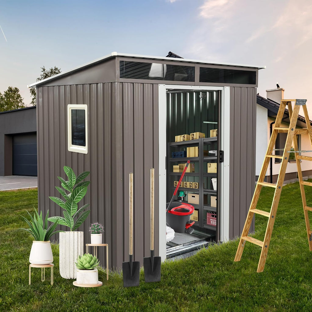 Outdoor Storage Shed 6.4 x 5 FT Storage shed with Floor Frame Galvanized Steel Garden Shed with Window&Lockable Doors,Sheds & Outdoor Storage Clearance for Backyard Patio Lawn (Gray)