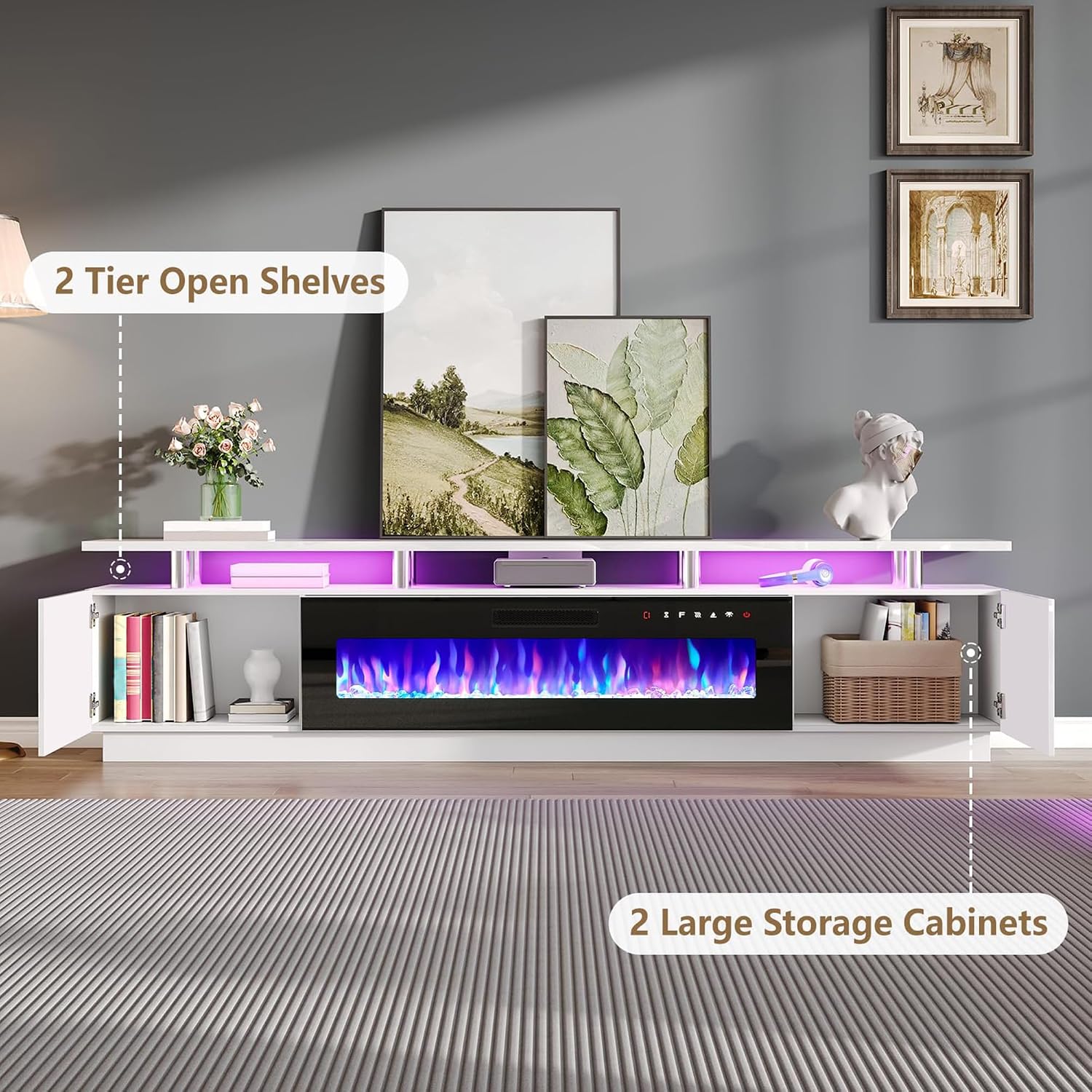 AMERLIFE 90' 2 Tier Fireplace TV Stand with 50' Fireplace, Modern Large Entertainment Center LED Lights, Media Console Table Storage Cabinets for TVs Up to 100', Living Room, White & Black