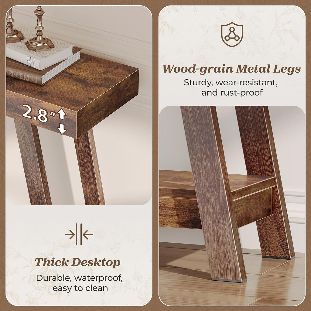 Huuger Console Table with Charging Station, USB-C Port, 2 Tiers Entryway Table, 53.9 Inch Sofa Table with Metal Legs, Entry Hallway Table with Thicker Desktop, Modern Behind Couch Table, Rustic Brown