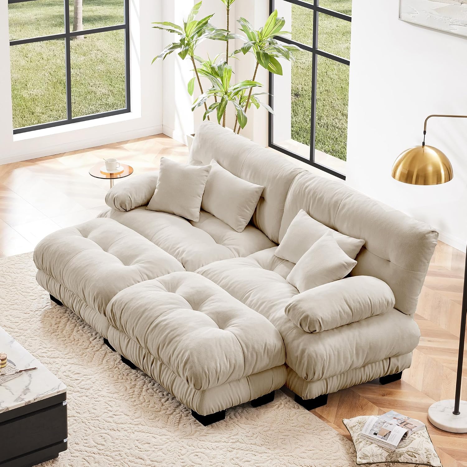 Loveseat Modular Sectional Sofa Cloud Couch, 94.4' Oversized U-Shaped Couch with Ottoman, Modern Deep Seat Sectional Couches for Living Room, Comfy Chenille Sofa Bed with Pillows, Light Coffee