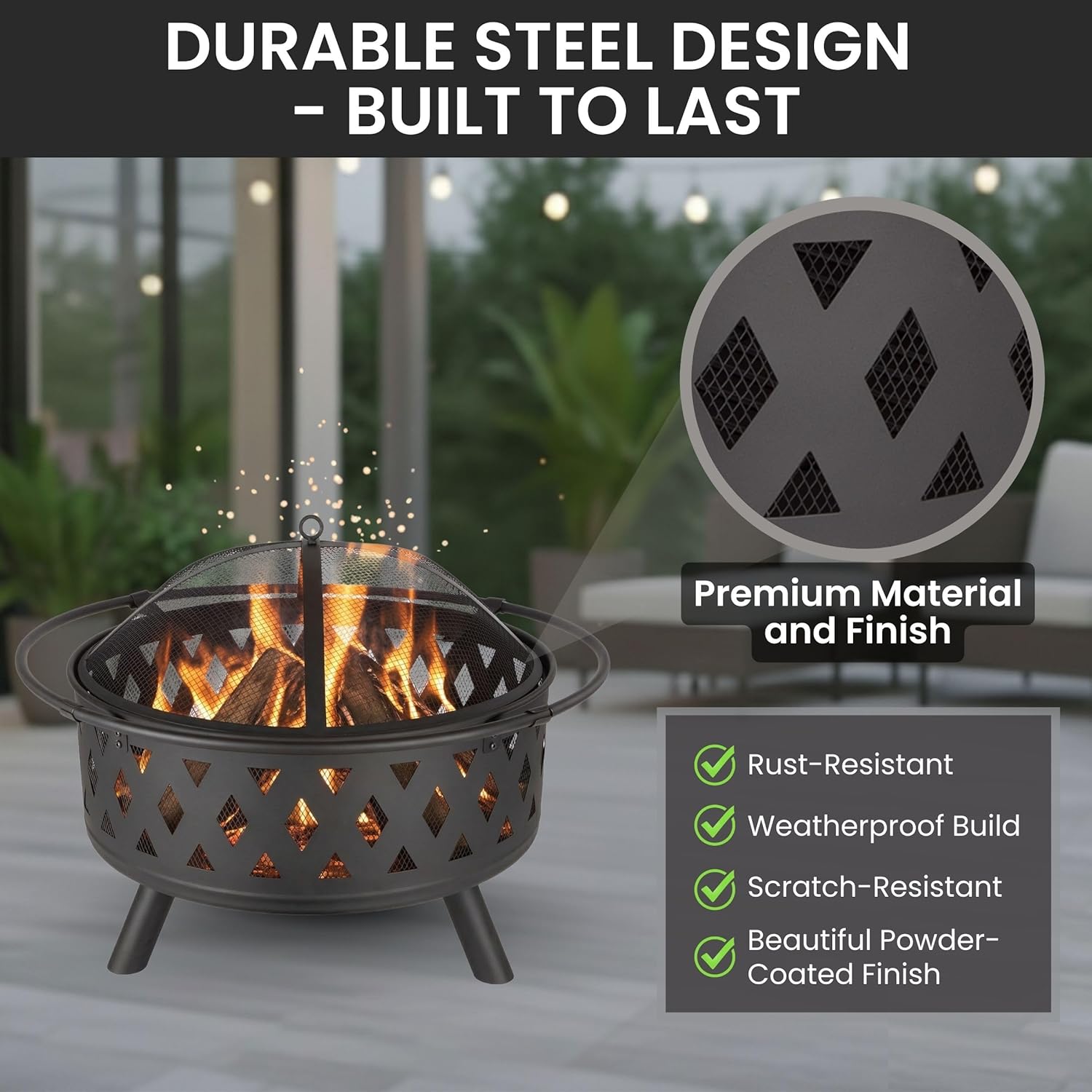 Fire Pit - 32-Inch Outdoor Wood Burning Firepit with Screen, Poker, and Cover - Outdoor Fire Pits for Backyard, Deck, or Patio by Pure Garden (Black)