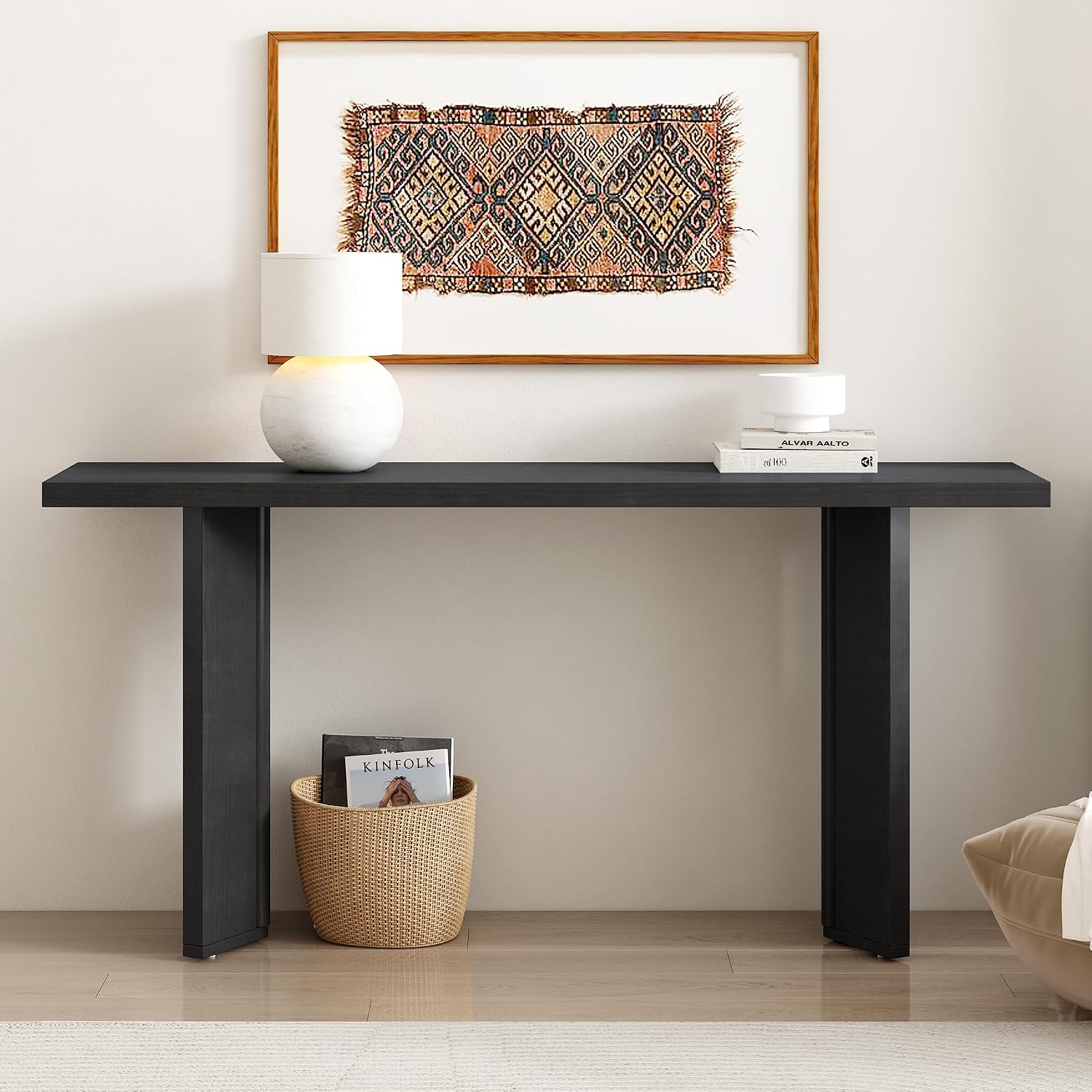 Ball & Cast 63' Pine Veneer Console Table, Modern Entryway Table with Geometric MDF Legs, Narrow Sofa Table for Living Room, Hallway & Study, Black Finish