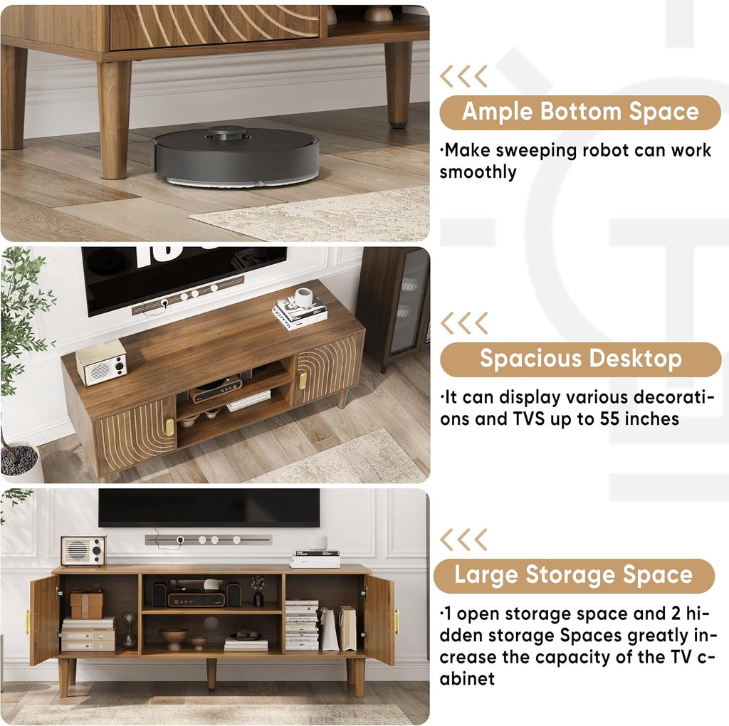 Smuxee Walnut TV Stand with Line Groove Design, 47.2' Mid Century Modern TV Media Console for TVs up to 55', TV Cabinet with Adjustable Shelf & 2 Cabinets for Living Room