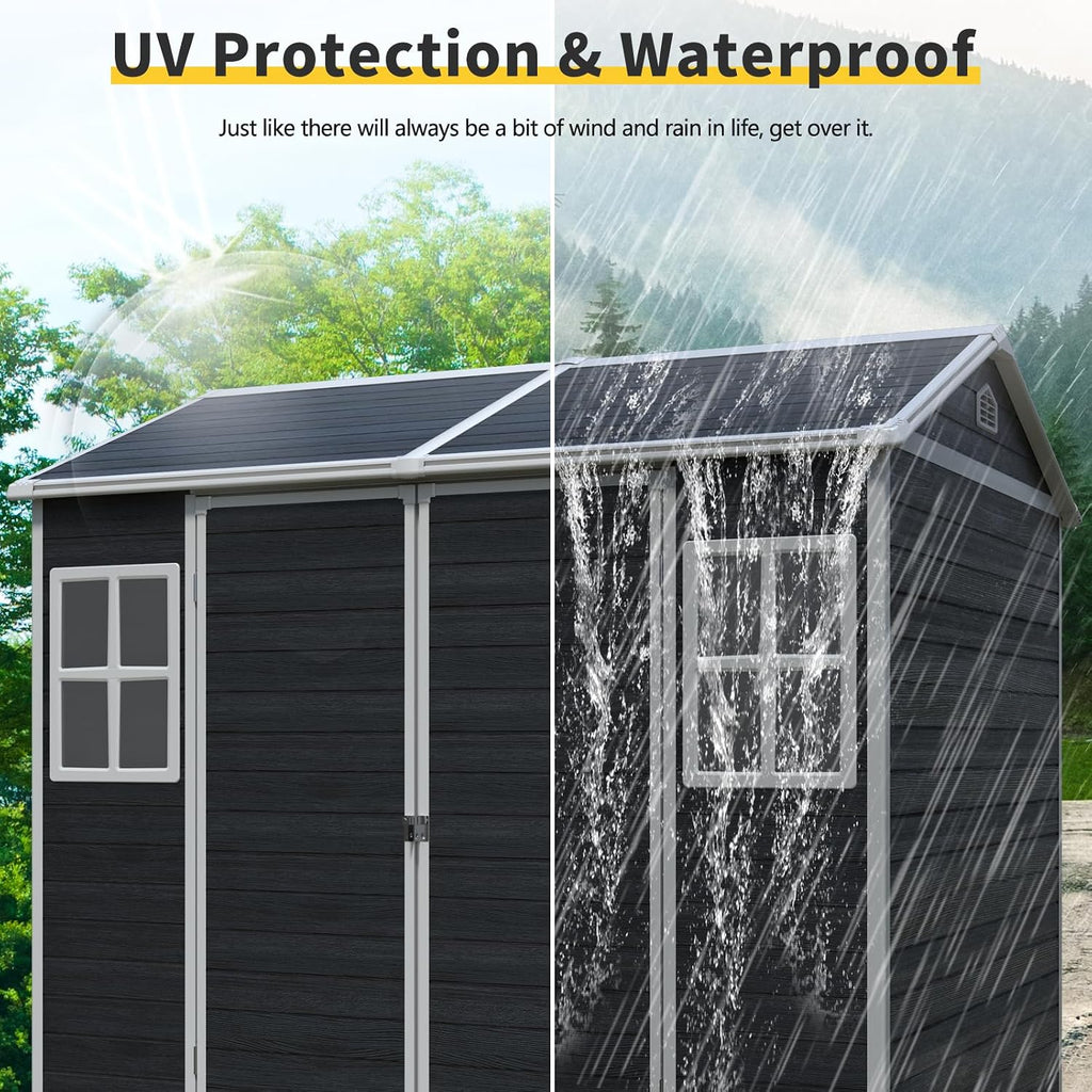 JT 6 x 8 FT Resin Storage Shed, Waterproof Garden Shed with Floor, 2 Windows, Lockable Door and Vent, Outdoor Sheds for Backyard, Tools and Lawn Mower (Black)