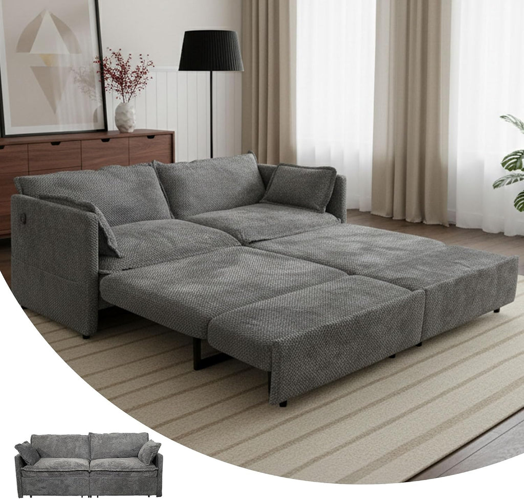3 in 1 King Size Sofa Bed-73.6' Convertible Sofa Bed with USB/C-Type Charging Ports,Corduroy Sleeper Sofas with Side Pockets,Loveseat Chaise Lounge for Living Room,Bedroom,Apartments,Grey
