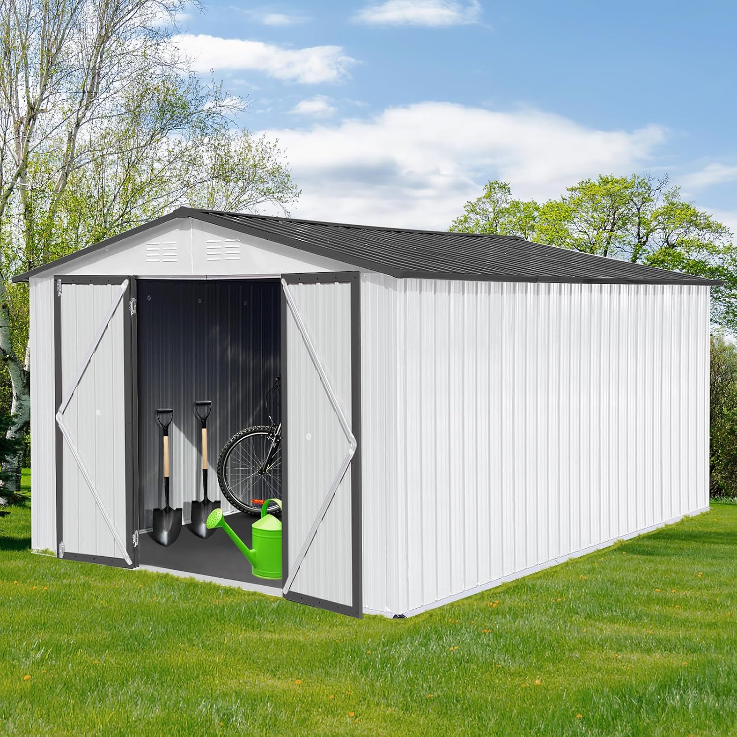 10X12 FT Outdoor Storage Shed, Galvanized Steel Garden Tools Shed with Hinged Door & Padlock, Large Storage Cabinets for Patio, Backyard, Lawn, Garden (White & Gray)