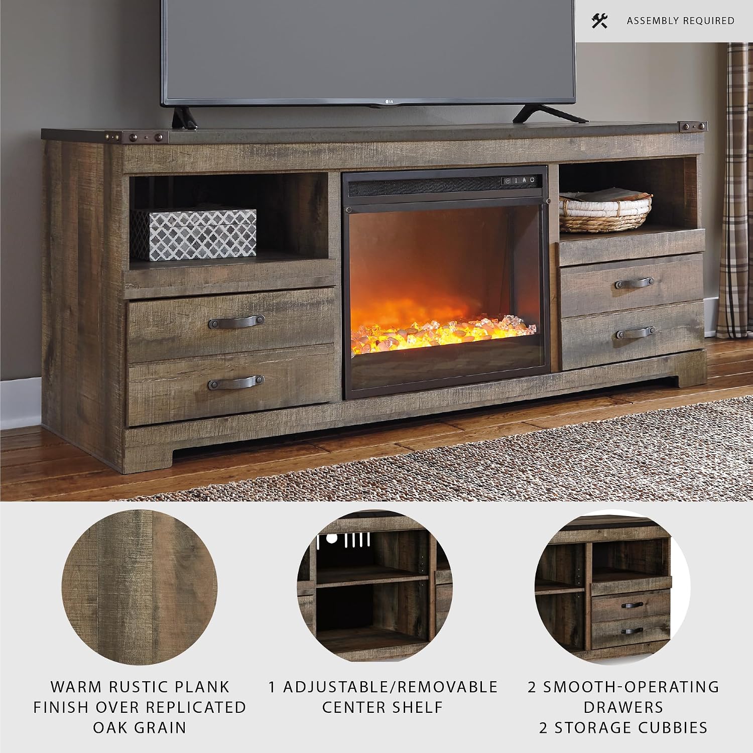 Signature Design by Ashley Trinell 63' TV Stand with Electric Fireplace, Rustic Wood Look Media Console with LED Flame Insert, Storage Drawers and Remote‑Controlled Heat for Warmth
