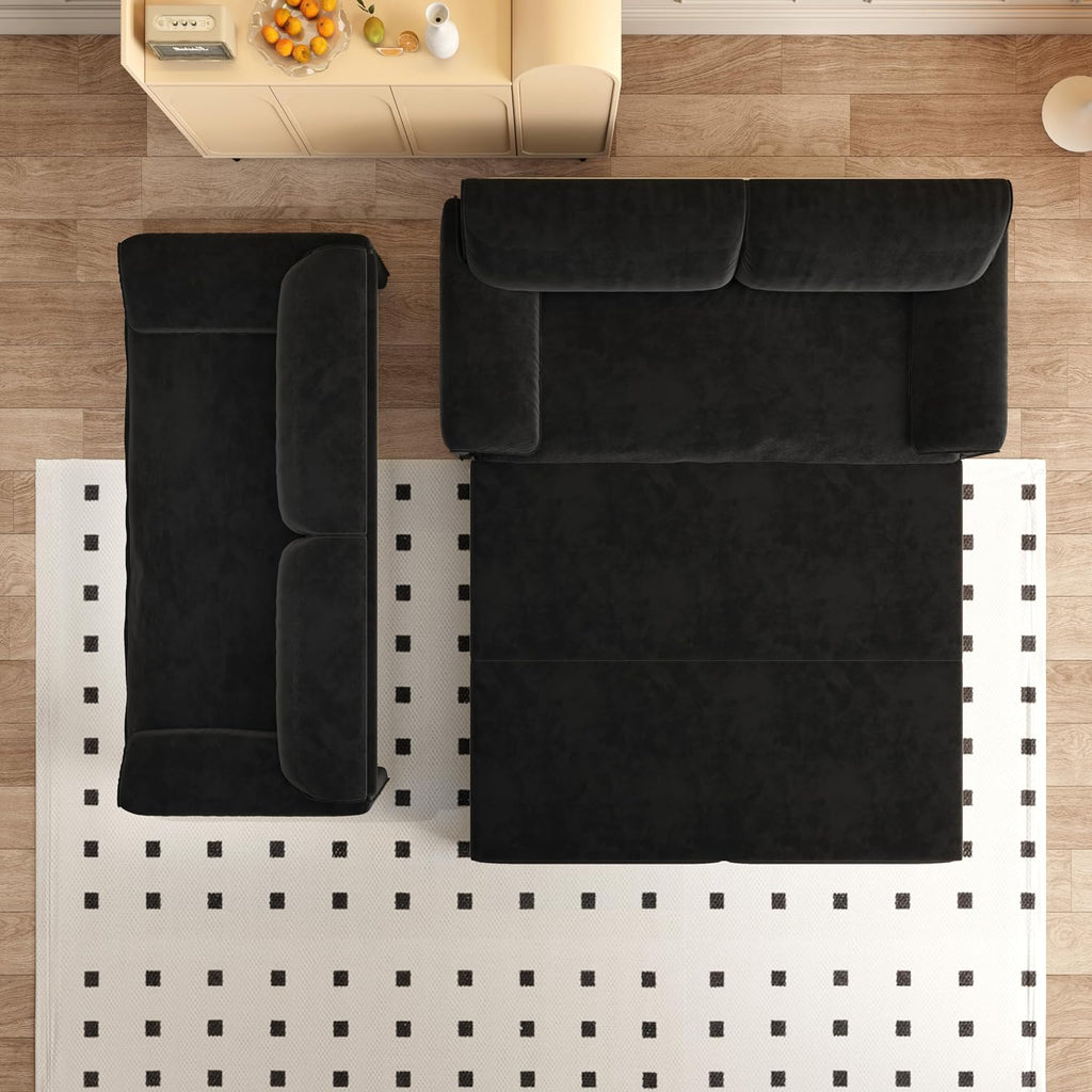 66'' Velvet Queen Size Pull Out Sofa Bed, 3-in-1 Convertible Loveseat Sleeper Sofa with Armrest for Living Room, Apartment, Space Saving, Black