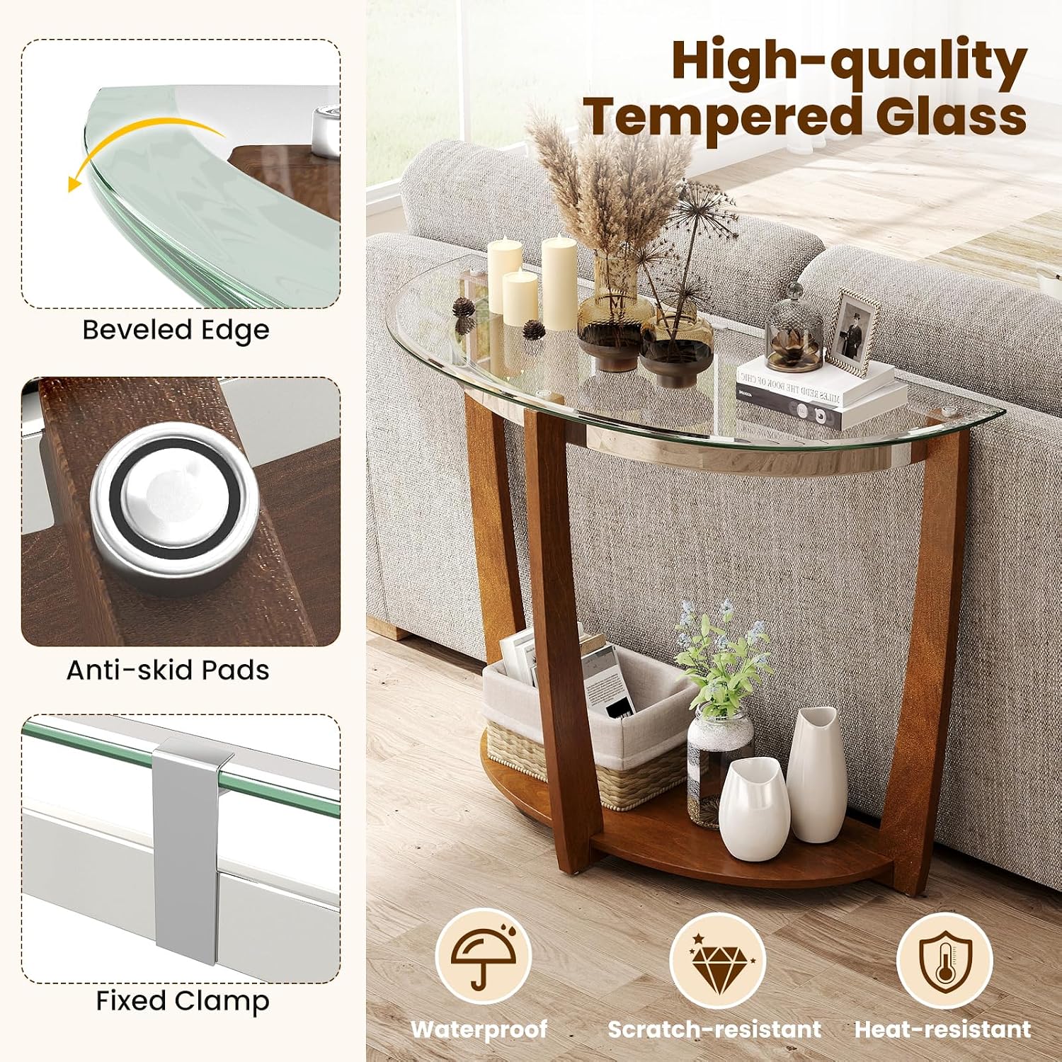 Giantex 2-Tier Glass Console Table, Half Moon Modern Entryway Table with Tempered Glass Top & Open Storage Shelf, Narrow Long Sofa Table for Living Room, Hallway, Foyer, Entrance (Walnut)