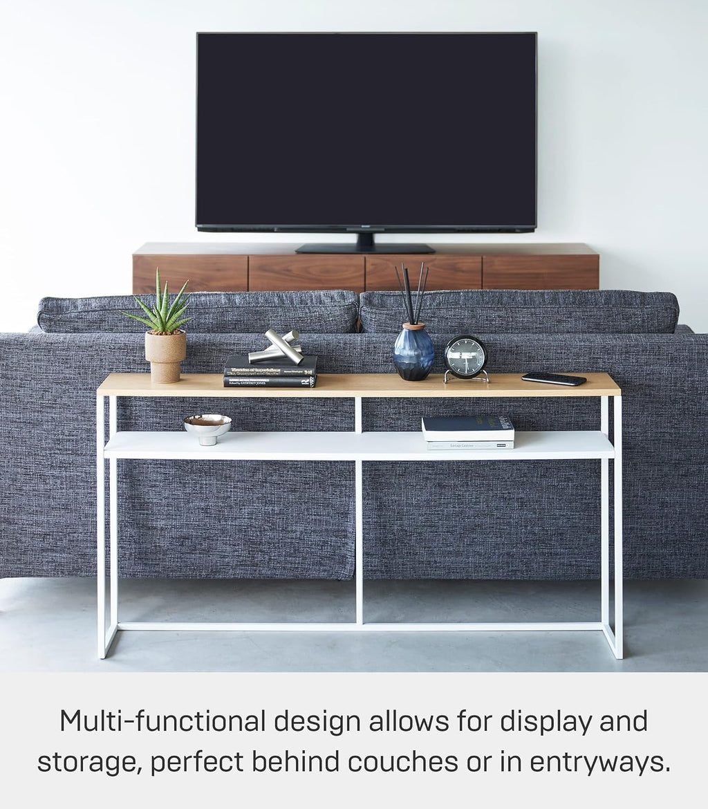 YAMAZAKI Home Tower Long Console Table for Entryway Or Hallways, Narrow Behnd Sofa Table with Wooden Top