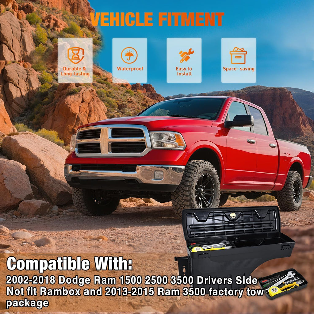 Nilight Truck Bed Tool Box Left Drivers Side Truck Tool Box Fit for Dodge Ram 1500 2500 3500 2002-2018 ABS Swing Case Truck Bed Storage Box w Lockable Lid Waterproof Wheel Well Toolbox, without Rambox