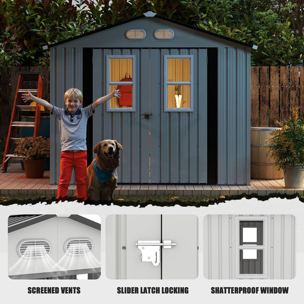 Metal Outdoor Storage Shed, 8x8 ft with Lockable Doors, Four Daylight Windows, Screened Vents, 120 sq ft Storage Space, Outdoor Garden Room ，Outdoor Pet Room (White 8x8FT)