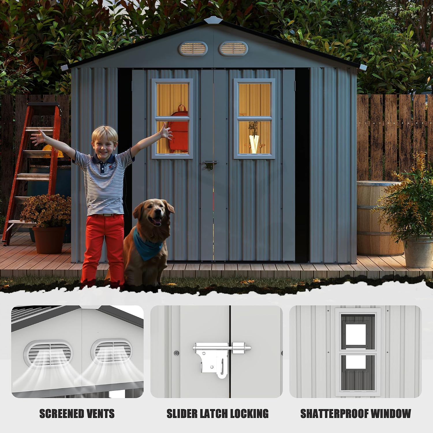 Metal Outdoor Storage Shed, 8x8 ft with Lockable Doors, Four Daylight Windows, Screened Vents, 120 sq ft Storage Space, Outdoor Garden Room ，Outdoor Pet Room (White 8x8FT)