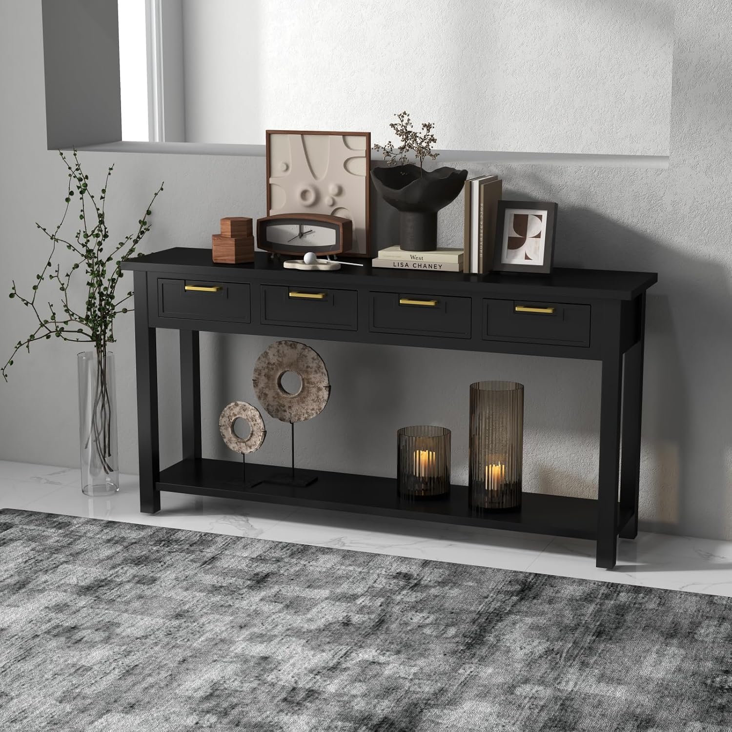 Kinfant Solid Wood Console Table - Entryway Table with 4 Drawers and a Bottom Storage Shelf, 60 Inch Narrow Long Sofa Table for Living Room, Hallway, Front Hall, Couch, Black