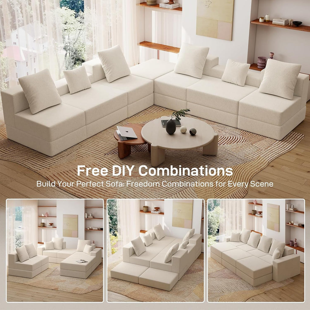 Living&Giving 128' U-Shaped Cloud Sectional Couch for Living Room, Cloud Boneless Couch-No Assembly with Reversible Chaise, Customizable 4-Seat Modular Sectional Sofa with 3 Ottoman, Beige