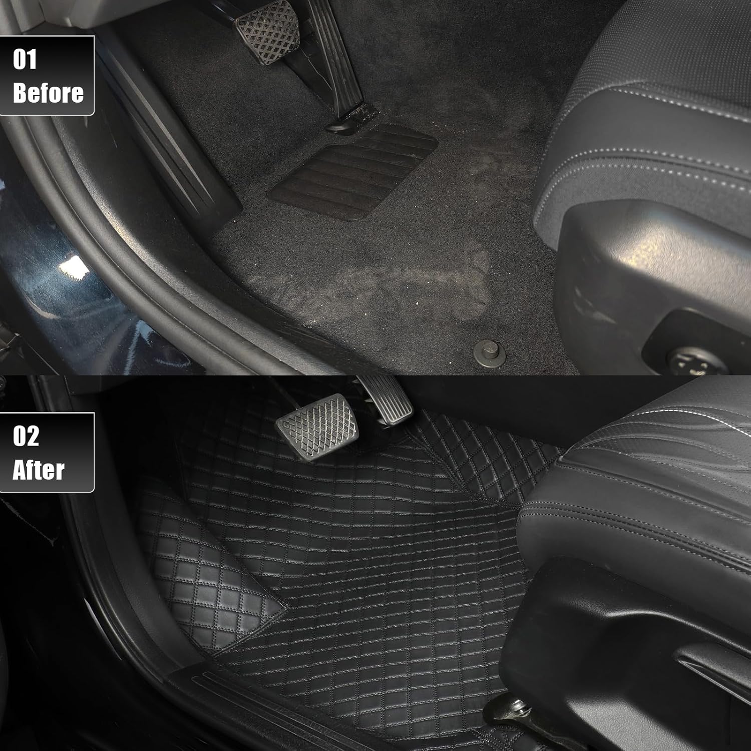 EKR Custom Floor Mats for Toyota RAV4 (Hybrid only) 2019-2025, Front & 2nd Row Luxury Car Floor Mat Fit RAV4 2019 2020 2021 2022 2023 2024 2025 - Leatherette (Black and Black Stitching)