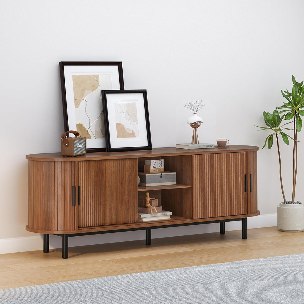Janmer Home 63' Fluted TV Stand for 65/70 Inch, Mid Century Modern Console With Sliding Doors, Curved Gaming Entertainment Center, Media Console for Living Room, Bedroom (Walnut, 63inch-4doors)