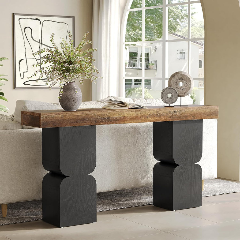 63-Inch Console Table, Heavy-Duty Look, Behind Couch Sofa Table, Color Blocking Design, Bold Structural Presence, Modern Entryway Furniture for Living Room, Hallway, Foyer, Brown + Black