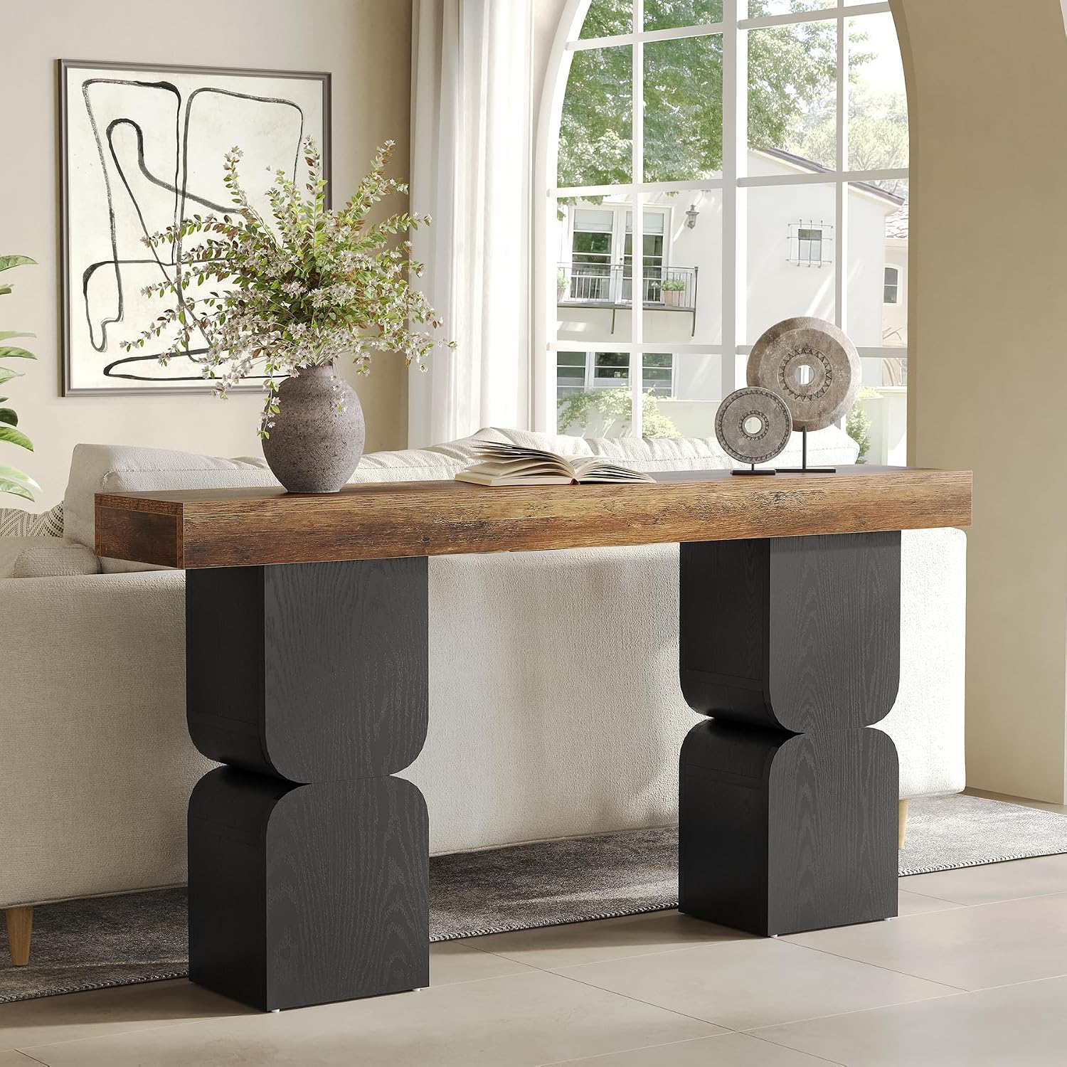 63-Inch Console Table, Heavy-Duty Look, Behind Couch Sofa Table, Color Blocking Design, Bold Structural Presence, Modern Entryway Furniture for Living Room, Hallway, Foyer, Brown + Black