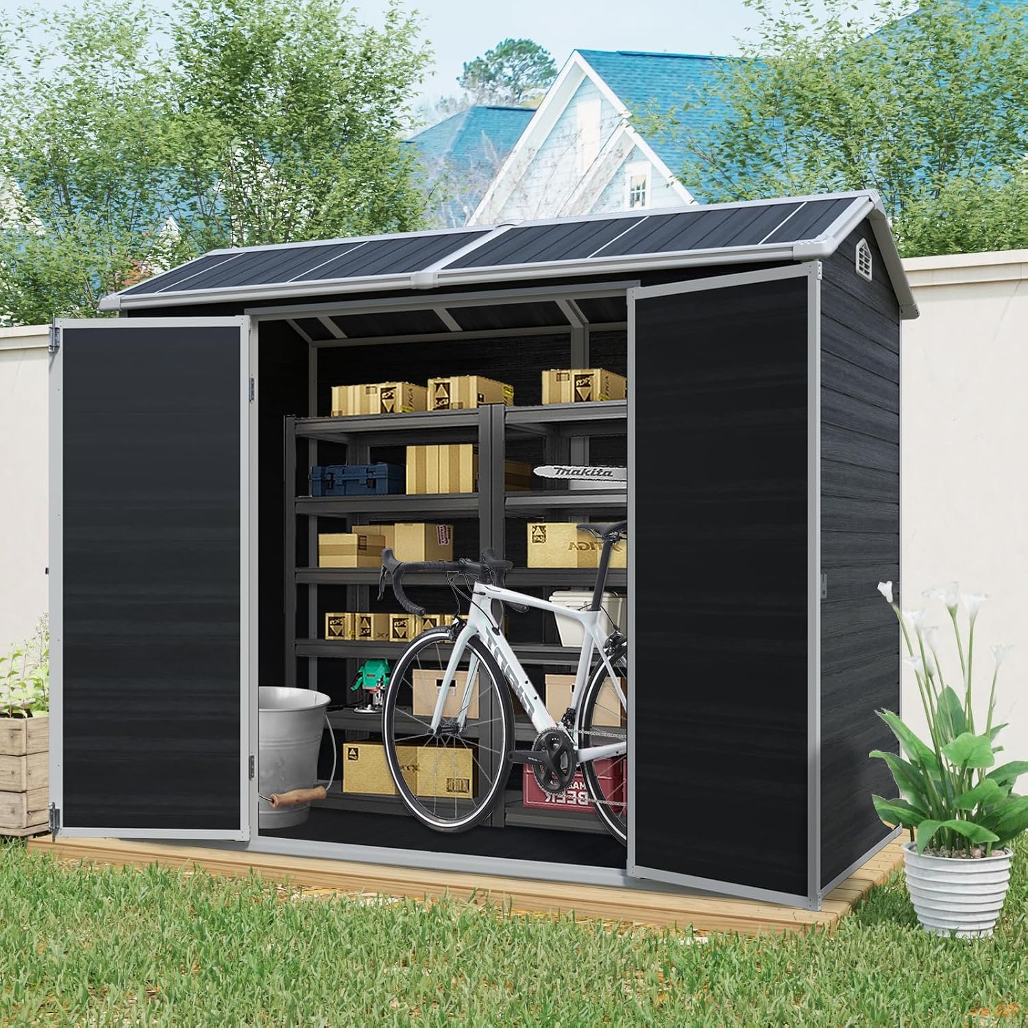 JT 8 x 4 FT Resin Storage Shed, Waterproof Garden Shed with Floor, 2 Windows, Lockable Door and Vent, Outdoor Sheds for Backyard,Tools and Lawn Mower (Black)