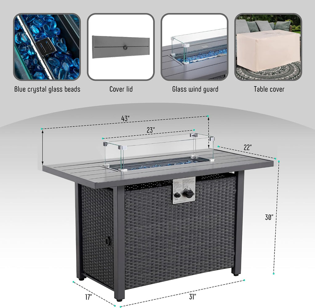 Werph 43' Propane Fire Pit Table with Rattan Fence, 50,000 BTU Gas Fire Pits for Outside Patio with Auto-Ignition, 2-in-1 Fire Table with Natural Lava Rock, Wind Guard& Removable Lid, Black