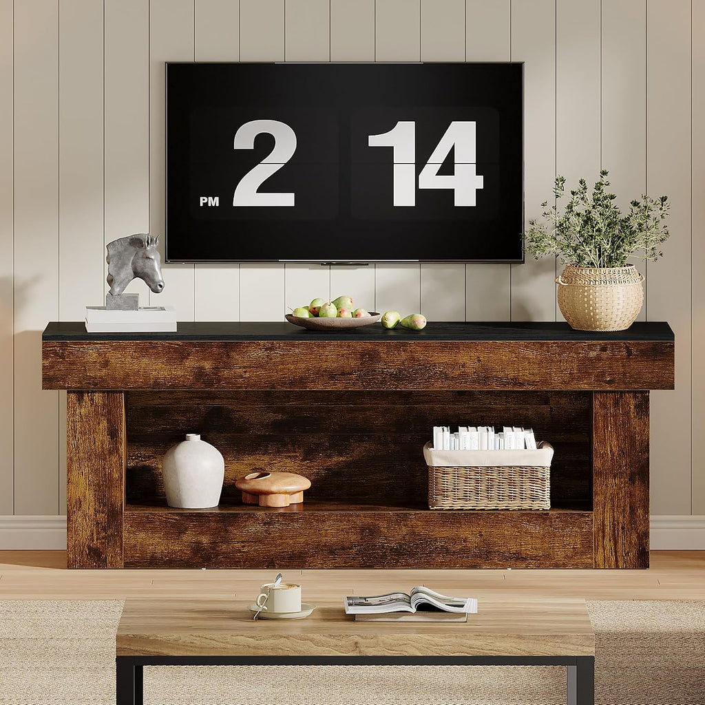 Tribesigns 63-inch TV Stand with Storage, Entertainment Center for 60/65/70 Inches TVs, Rustic Media TV Console with Open Storage Space for Living Room Bedroom, Rustic Brown & Black