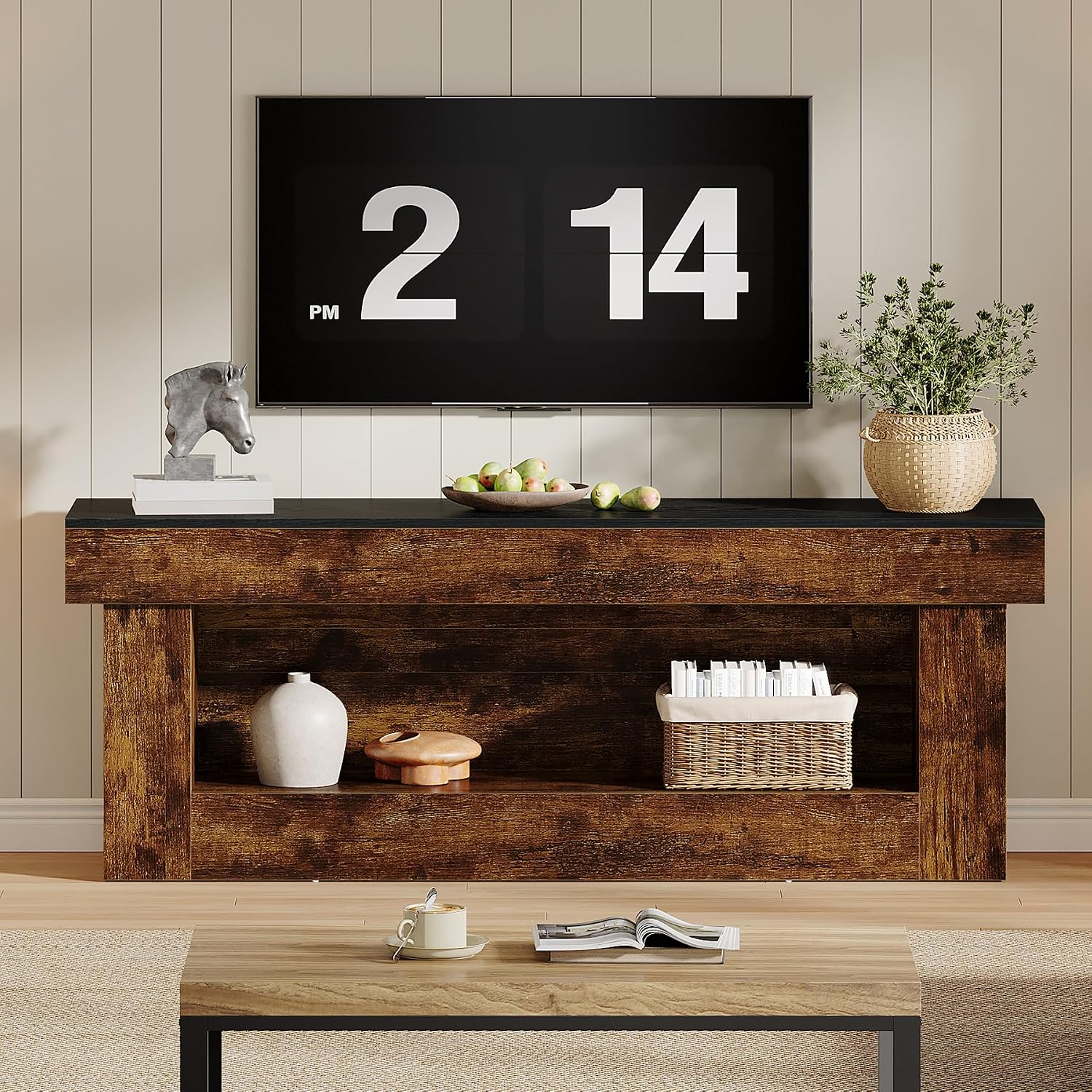 Tribesigns 63-inch TV Stand with Storage, Entertainment Center for 60/65/70 Inches TVs, Rustic Media TV Console with Open Storage Space for Living Room Bedroom, Rustic Brown & Black