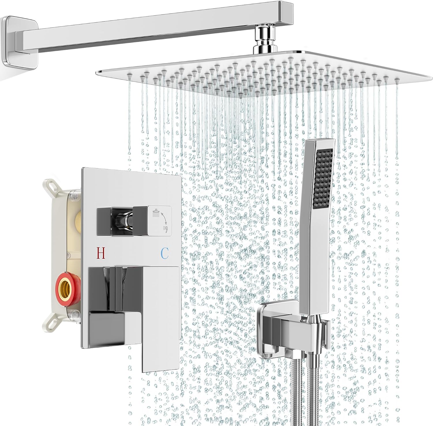 FPXRNG Shower Faucet Set Bathroom Square Rain Shower Head and Handle Set, Wall Mounted Shower Fixtures, Full Metal Trim Repair Kit 12 inch Polished Chrome (With Shower Valve)