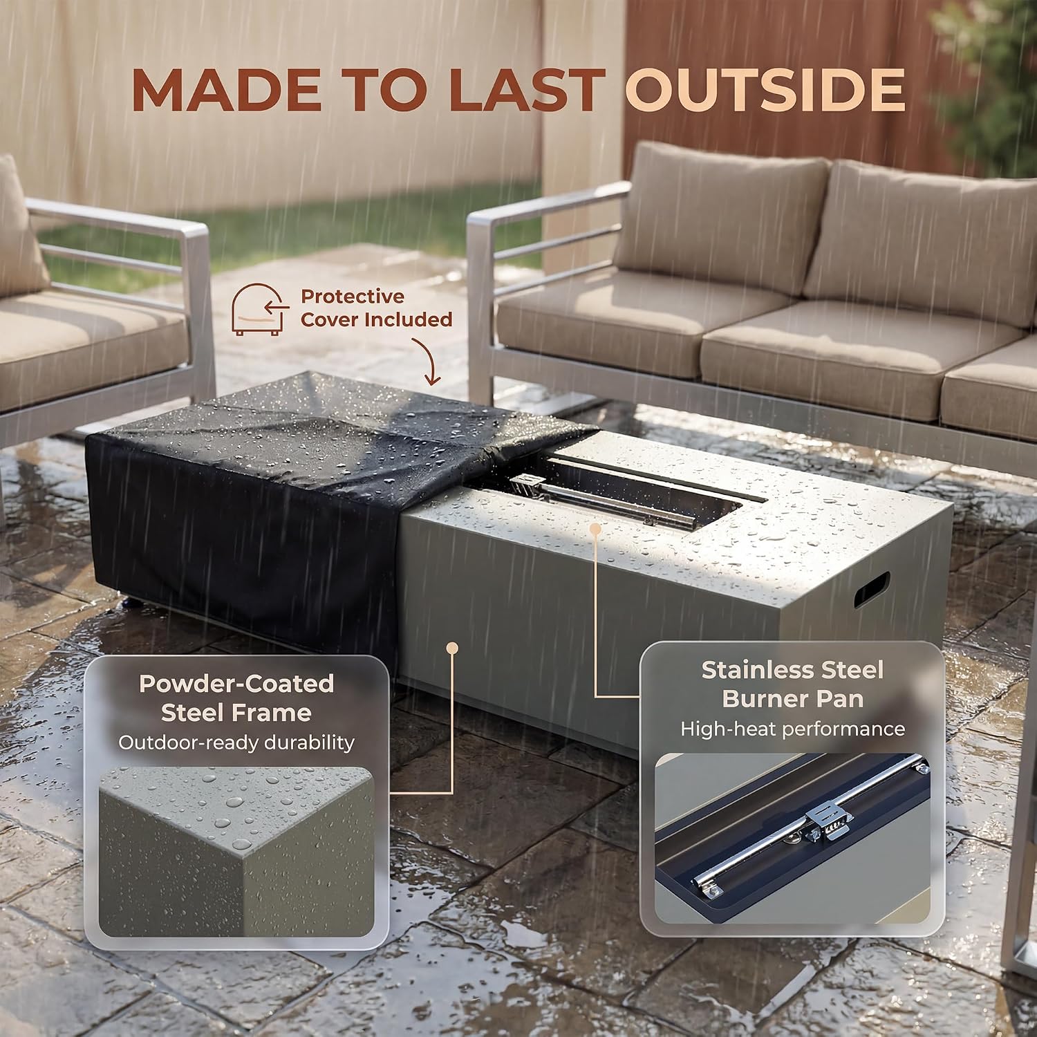 RADIATA 56' Rectangle Propane/Natural Gas Fire Pit for Patio, Modern Lowprofile Fireplace with Tank Table, Rain Cover, 50000BTU CSA Certified, Durable Outdoor Fire Pit Table for Backyard, Gray
