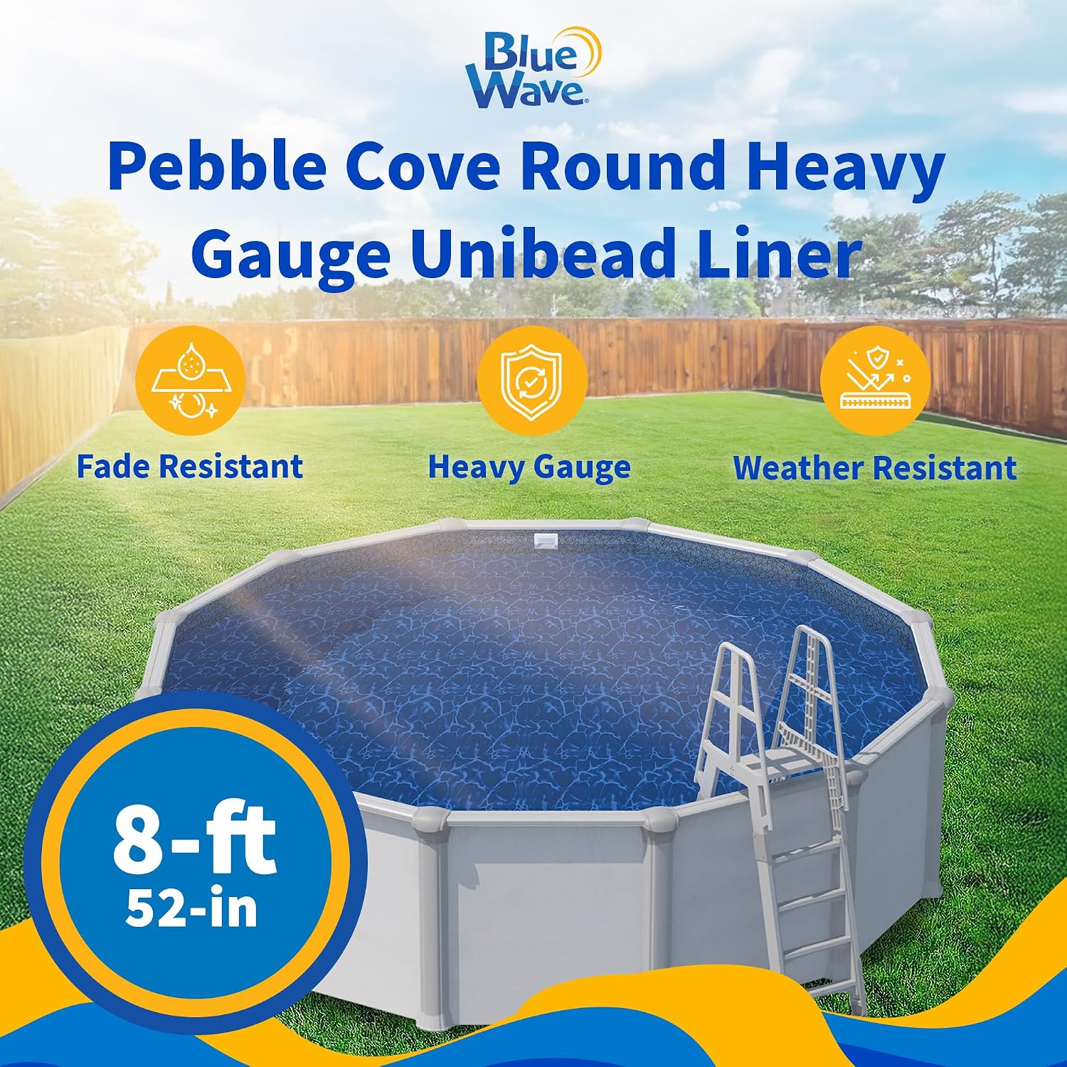 Blue Wave Pebble 8 Ft Round Pool Liner for Above Ground Pools – Weather Resistant Heavy Gauge Vinyl with Unibead Design & Welded Seams – Blue, Fits 52-in Deep Walls