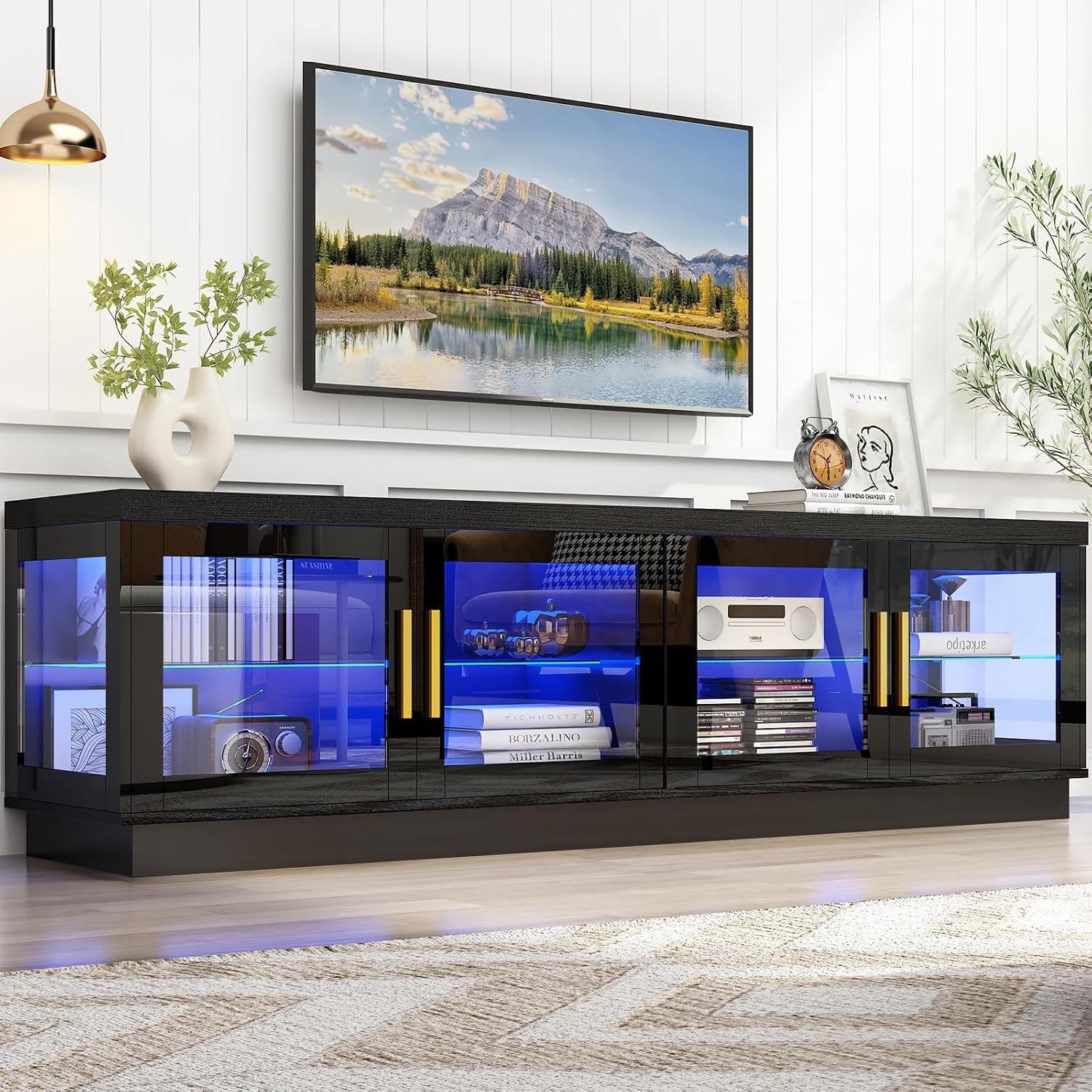 Hlivelood 71IN LED TV Stand for 85/80/75inch TV,High Glossy Modern Black TV Stands for Living Room,Gaming Entertainment Center with Storage Cabinet,RGB LED(Black)