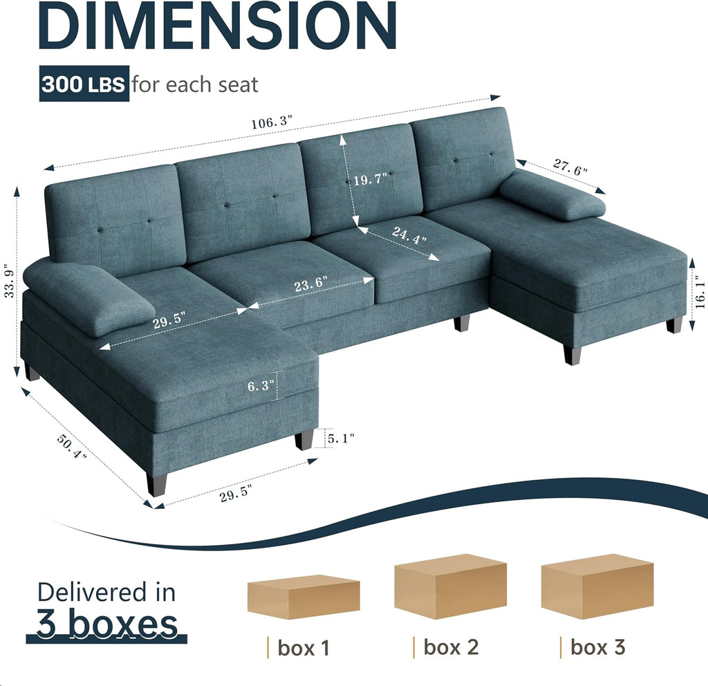 Sectional Couches for Living Room, 106 in U Shaped Couch Soft Sectional Sofa with Double Chaise, Comfortable 4 Seat Sofa Couch (Blue) | Breathable Fabric