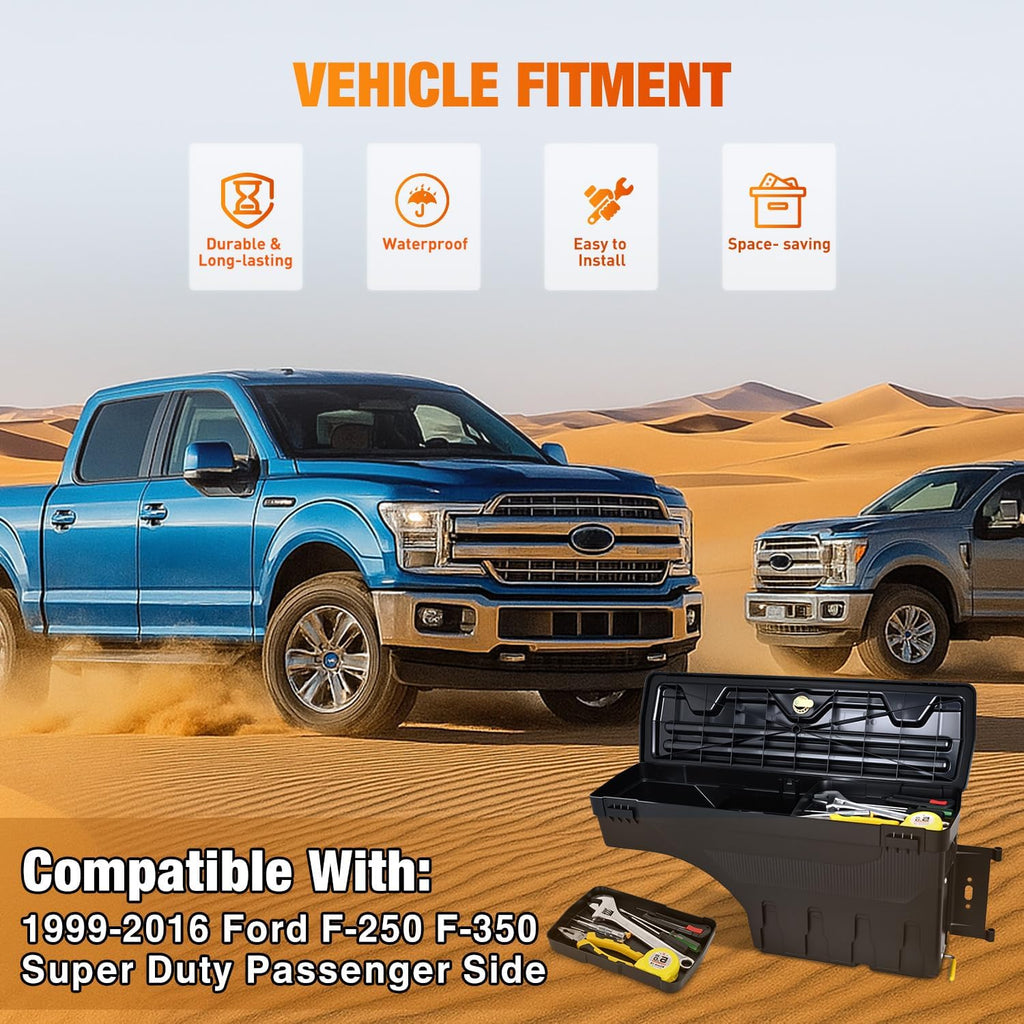 Nilight Truck Bed Tool Box Right Passenger Side Truck Tool Box Fit for Ford F-250/350 Super Duty 1999-2016 ABS Swing Case Truck Bed Storage Box with Lockable Lid Waterproof Wheel Well Toolbox Balck