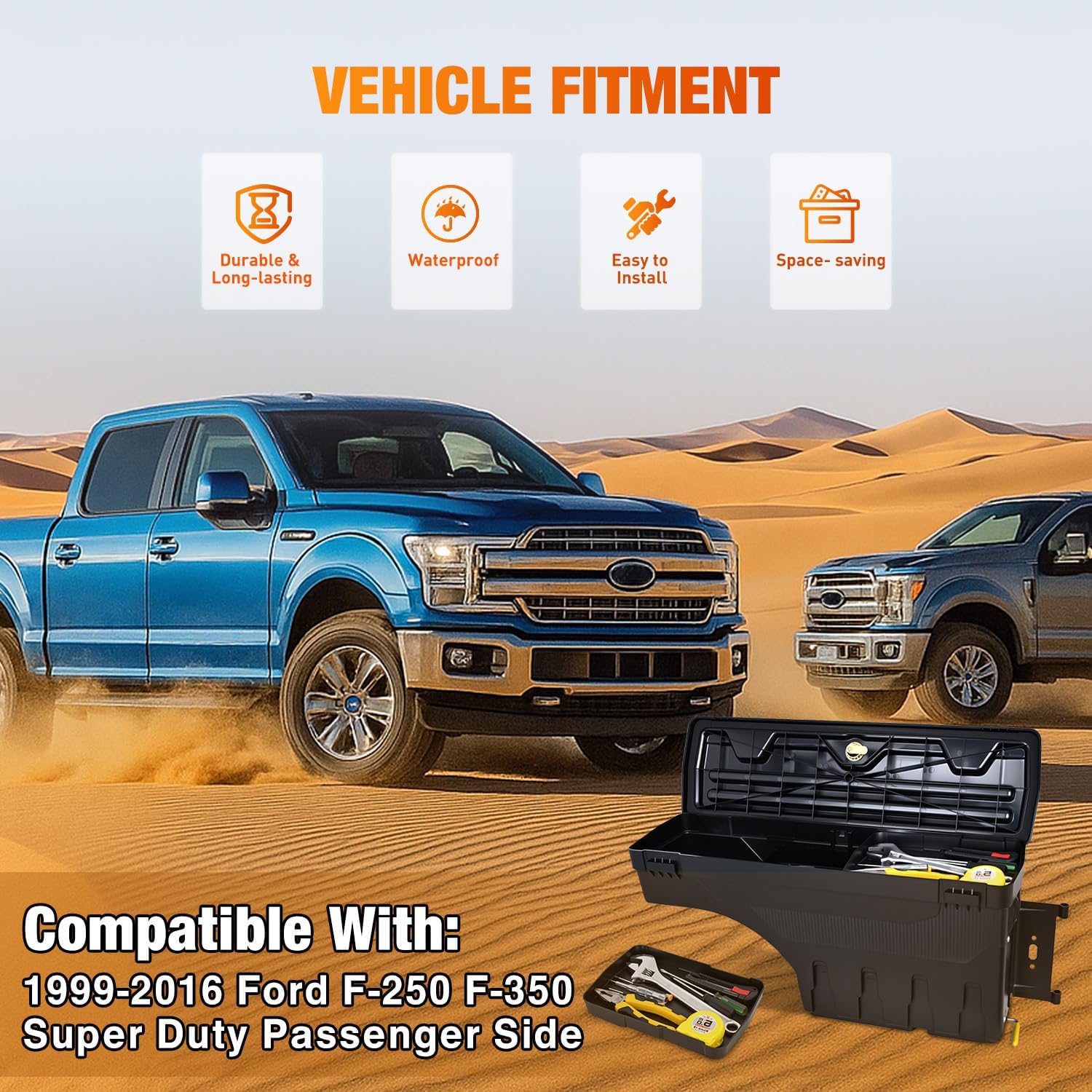 Nilight Truck Bed Tool Box Right Passenger Side Truck Tool Box Fit for Ford F-250/350 Super Duty 1999-2016 ABS Swing Case Truck Bed Storage Box with Lockable Lid Waterproof Wheel Well Toolbox Balck