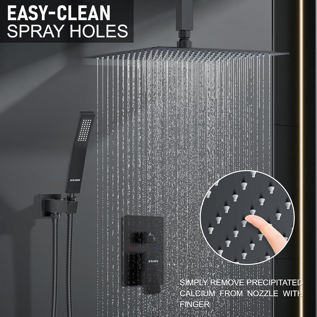 KOJOX Matte Black Ceiling Shower Fixture with 12 Inch Rainfall Shower head and Handheld Head, Bathroom Shower Faucet Set Trim Kit with Mixer Valve