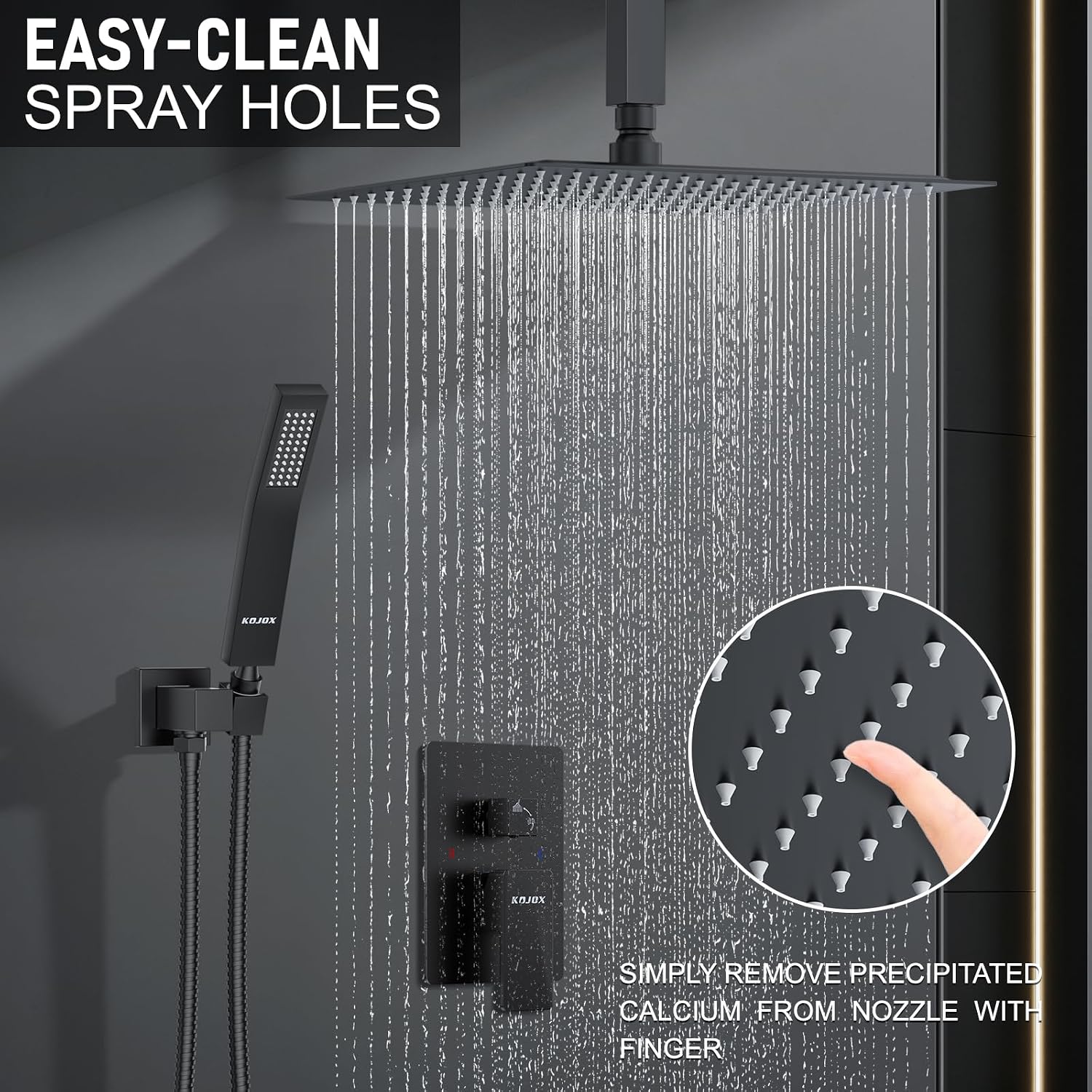 KOJOX Matte Black Ceiling Shower Fixture with 12 Inch Rainfall Shower head and Handheld Head, Bathroom Shower Faucet Set Trim Kit with Mixer Valve