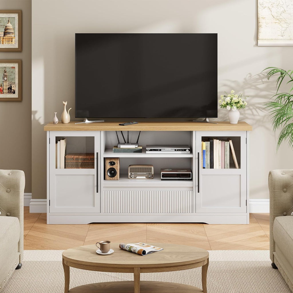Garvee 63 in Farmhouse TV Stand for TVs Up to 72 in, Wave Pattern Entertainment Center with 2 Glass Door Cabinets & 2 Open Shelves, Sturdy Wood Media Console for Living Room, White & Natural