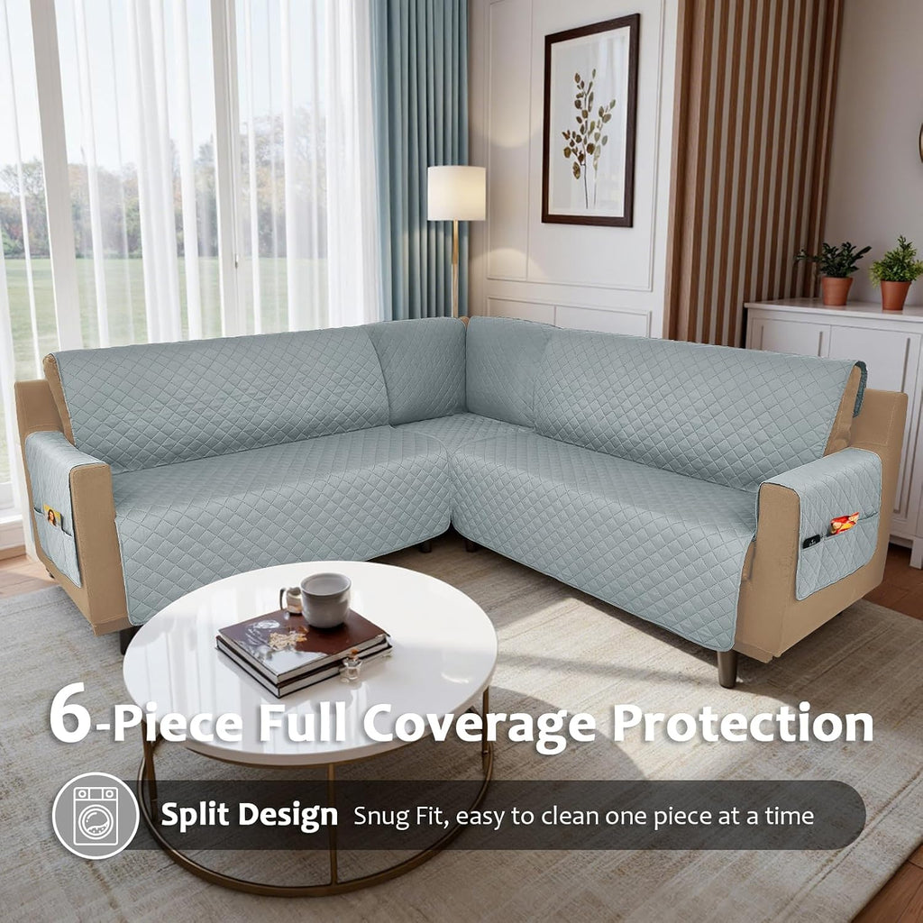 Waterproof Sectional Couch Covers L Shape Sectional Sofa Covers for Pets Washable Non-Slip 6PCS U Shaped Sofa Slipcovers Dog Couch Cover Corner Furniture Protector (X-Large, Blue Gray)
