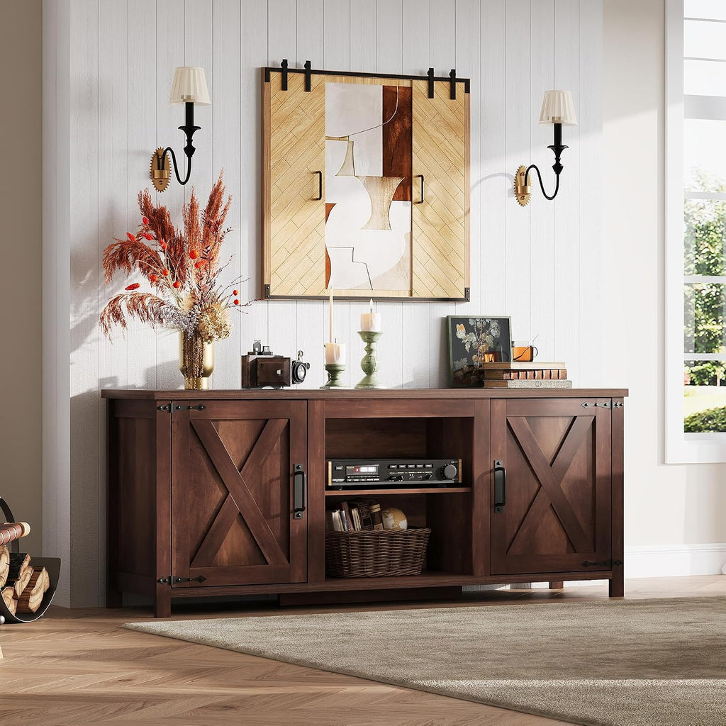 WLIVE Modern Farmhouse TV Stand for TVs up to 65', Entertainment Center with X-Shaped Barn Doors, Large Storage Media TV Console with Adjustable Shelves & Cable Holes for Living Room, Brown