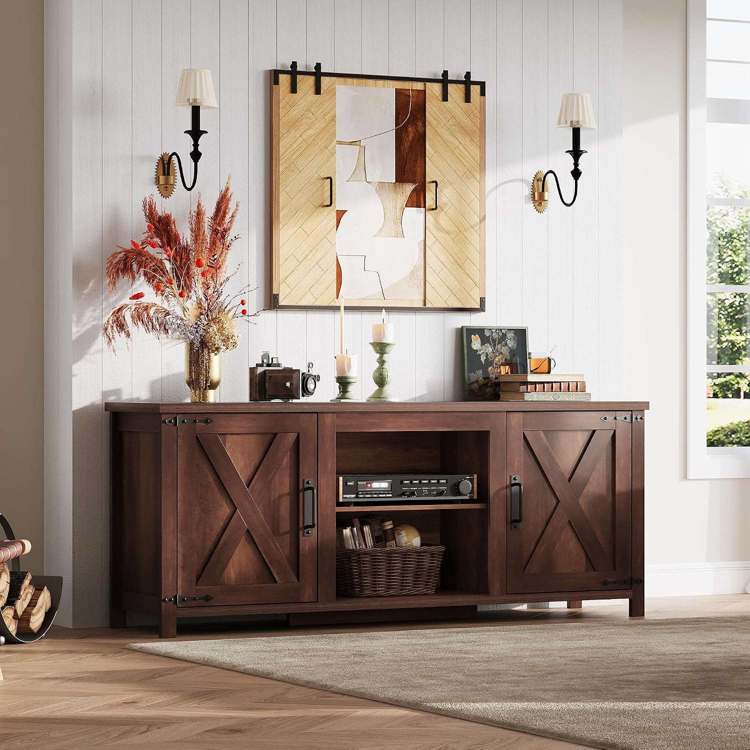 WLIVE Modern Farmhouse TV Stand for TVs up to 65', Entertainment Center with X-Shaped Barn Doors, Large Storage Media TV Console with Adjustable Shelves & Cable Holes for Living Room, Brown