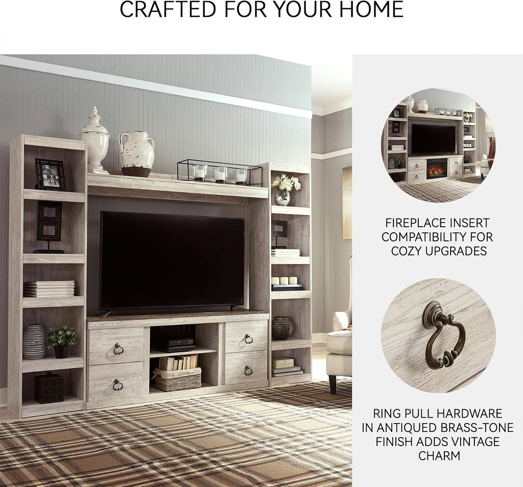 Signature Design by Ashley Willowton Farmhouse 4-Piece Entertainment Center for TVs up to 69' with Adjustable Shelves, Whitewash