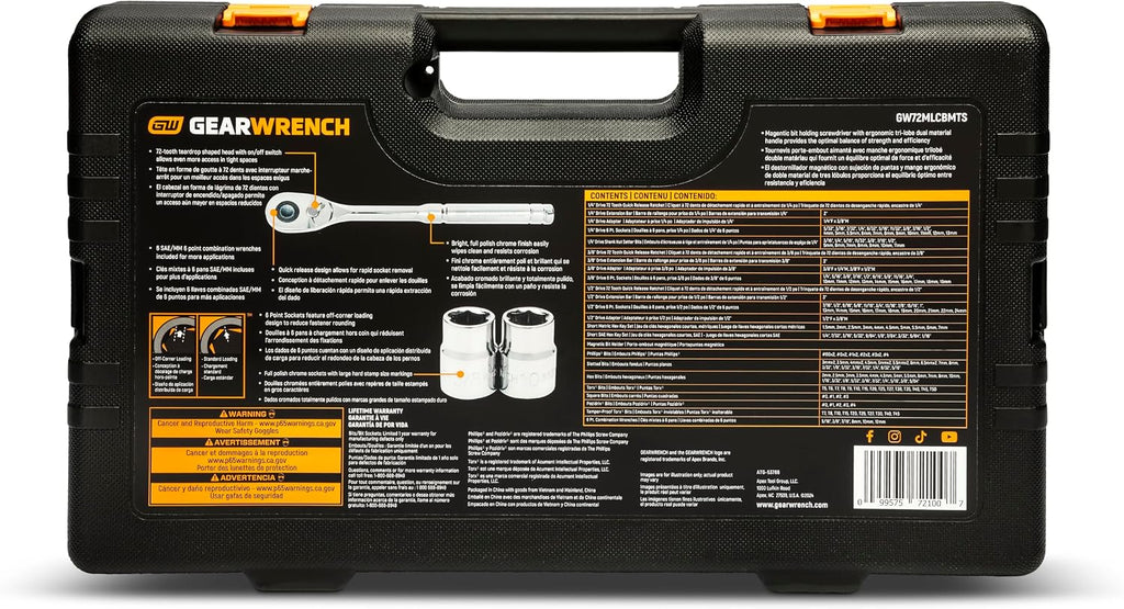 GEARWRENCH 202 Piece SAE/Metric Mechanics Tool Set 1/4', 3/8', & 1/2' Drives | GW72MLCBMTS